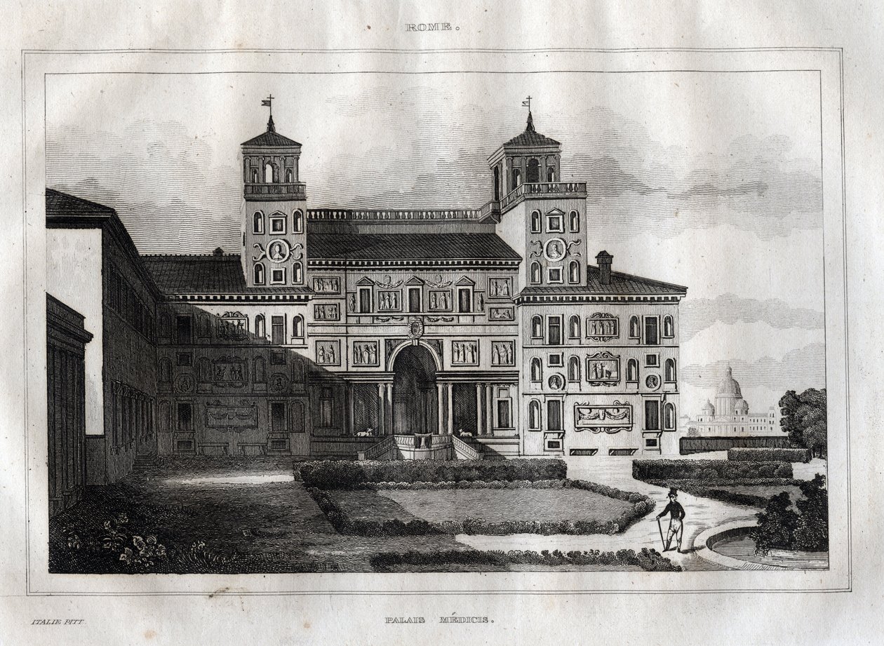 Villa Medici Róma – Villa Medicis – Metszet a „festői Olaszországból” – Olaszország történelmi és leíró festménye”, M. de Norvins, Ch. Nodier 1834-1836. alkotó: French School