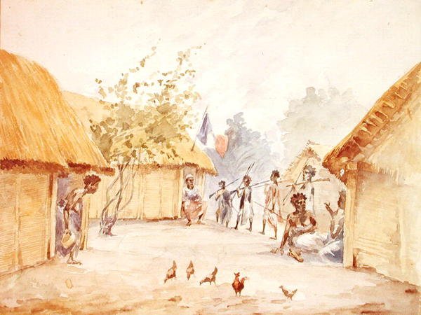 Falu Madagaszkáron a francia hódítás idején, 1895-96-ban (akvarell papíron) alkotó: French School