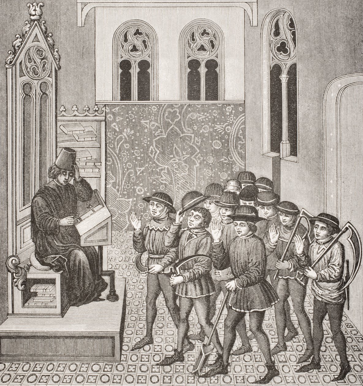 A gazemberek, akik munkába indulás előtt kapják meg Lordok parancsát, egy 15. századi kézirat miniatűrje után, Paul Lacroix (1806-84) Le Moyen Age et La Renaissance című művéből, 1847-ben megjelent. alkotó: French School