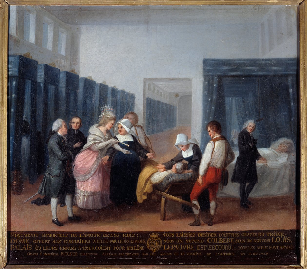 Monsieur és Madame Necker látogatása a jótékonysági intézetben Ez egy kórház (ma Necker Kórház Párizsban), amelyet a miniszter és felesége, Lettres felesége alapított 1778-ban. A francia iskola festménye. 18. század. Párizs, Musee de l