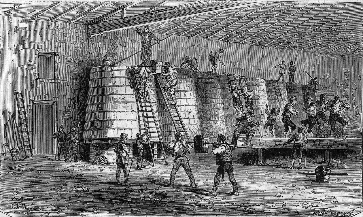 Szőlészet Medocban: zúzás és kádakba helyezés. Metszet a "Le Monde Illustre"" 561. sz.-ban, 1868. január 11.. alkotó: French School