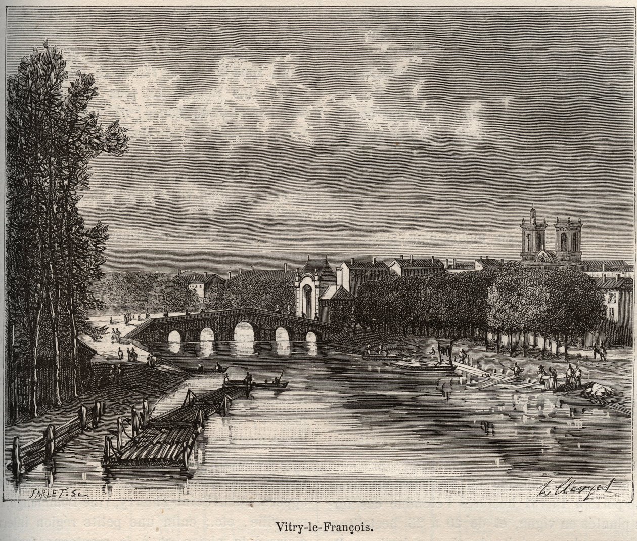 Vitry-le-Francois (Vitry le Francois) Marne-i tanszék - metszet a „La France illustree: földrajz, történelem, statisztikai igazgatás” című könyvében, V.A. Maláta-barna. 1884 alkotó: French School