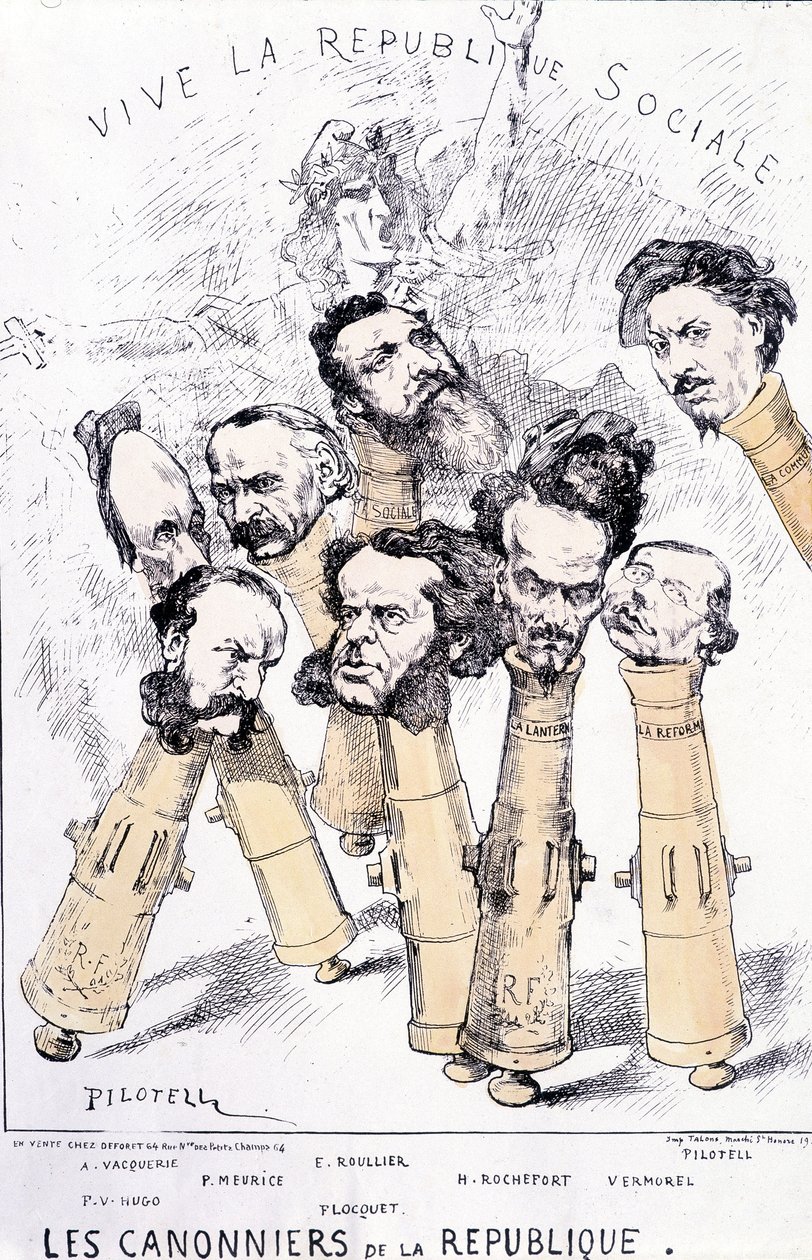 Éljen a társadalmi köztársaság - A Köztársaság ágyús csónakjai: A. Vacquerie, F.V. Hugo, P. Meurice, E. Roullier, Flocquet, H. Rochefort, Vermorel, Pilotell. Rajzfilm. alkotó: French School