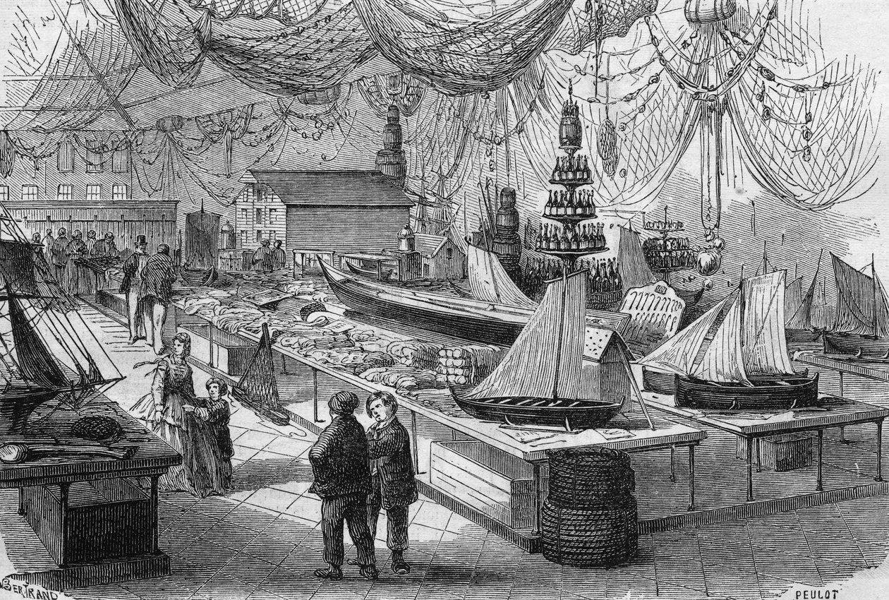 Kilátás a Nemzetközi Tengerészeti és Halászati ​​Kiállítás főgalériájára, Boulogne sur Mer-ben (Boulogne-sur-Mer), Pas de Calais-ban (62) alkotó: French School