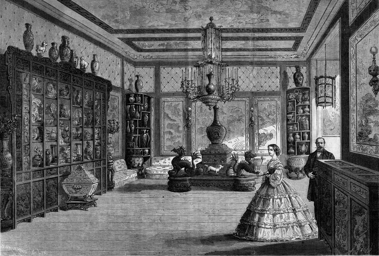 Kilátás az Eugenie de Montijo császárné kínai múzeumára, amelyet 1863-ban helyeztek el a Fontainebleau kastélyban. Metszet a ""Le Monde Illustre"" 325. számában, 1863. július 4-én. alkotó: French School
