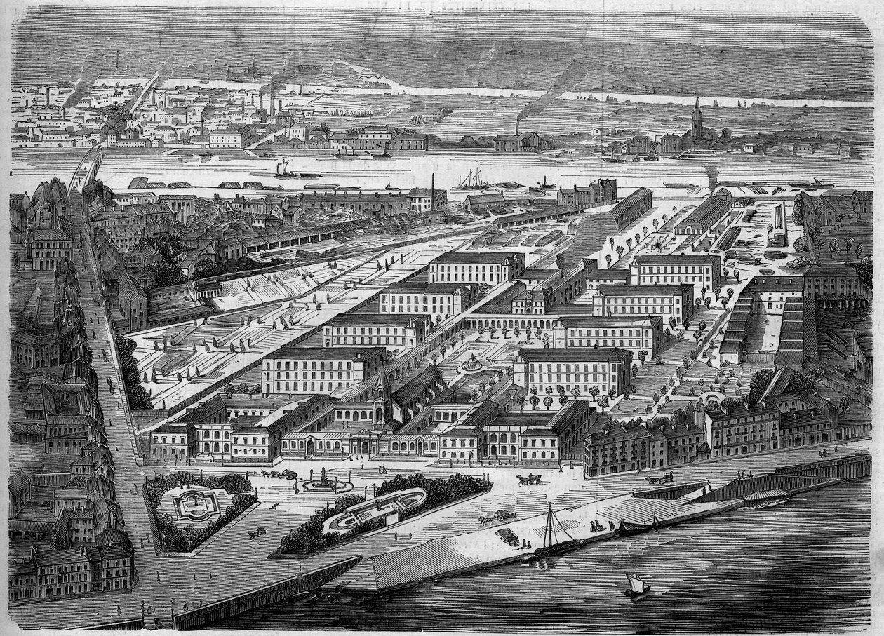 A nantes-i Hotel Dieu (Hotel-Dieu) külső képe, 1863-ban avatták fel. Ez a kórház csaknem teljesen megsemmisült egy 1943-as bombatámadás során. Loire Atlantique (44). Metszet a "Le Monde Illustre" 347. sz.-ban, 1863. december 5. alkotó: French School