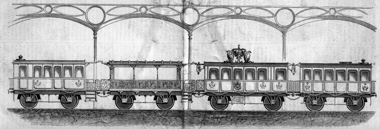 III. Napóleon császár (1808-1873) által elfoglalt vagonok Párizsból Cherbourgba 1858-ban. Metszet a „” Le Monde Illustré”” 70. számában, 1858. augusztus 14. alkotó: French School