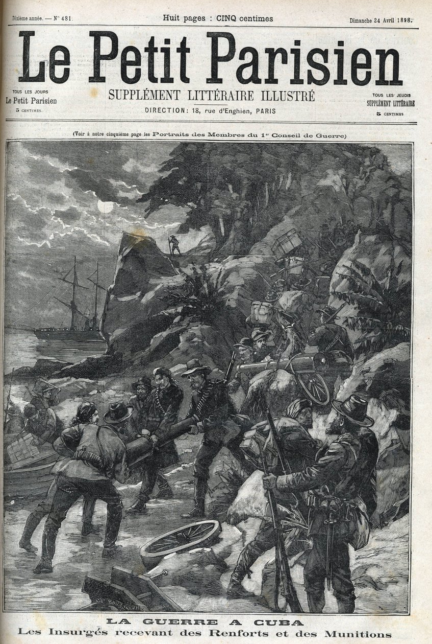(Függetlenségi háború) Kubában: A felkelők erősítést és lőszert kapnak. A kubaiak 1895-ben felkeltek a spanyol uralom ellen, és a háború 1896-ban az amerikaiak segítségével véget ért. „A kis párizsi”, 1898.04.24. alkotó: French School