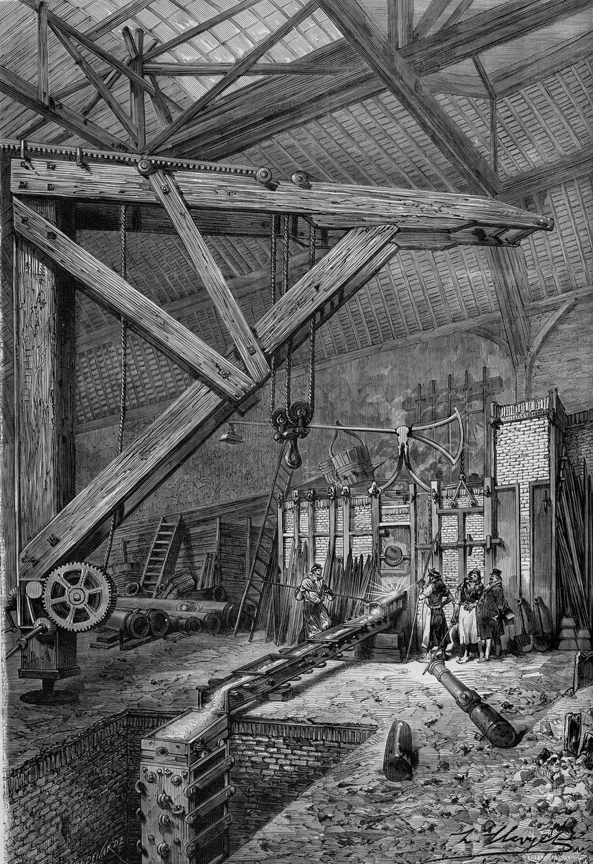 1870-es háború - Párizsi főhadiszállás: a „Petity Moniteur” kánon olvasztása, amelyet az újság olvasói finanszíroztak Broquin és Laine urak párizsi műhelyében. Metszet a „” Le Monde Illustré”” 721. számában, 1871. február 4. alkotó: French School