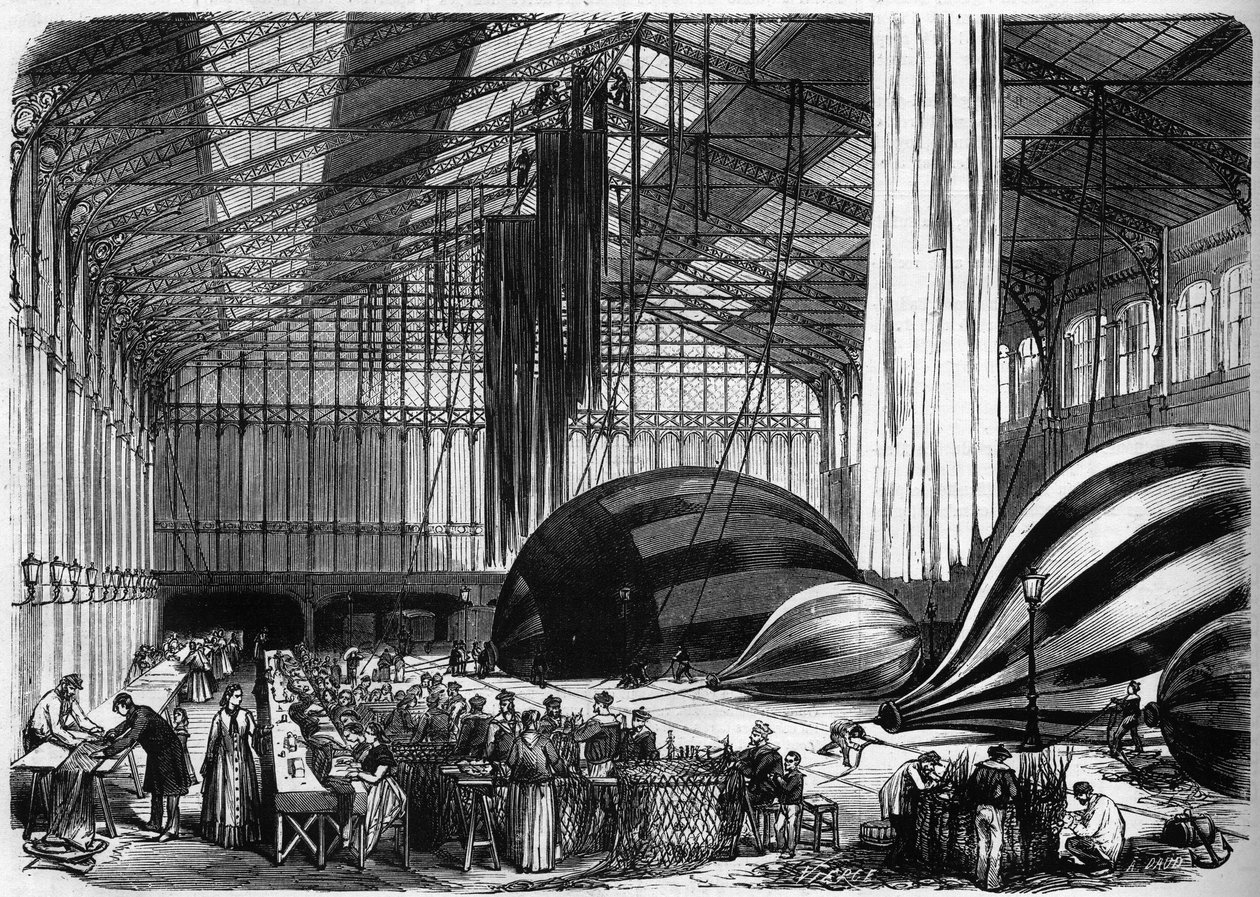 1870-es háború – Párizs ostroma: léggömbépítő műhelyek az Orleans-i állomáson (ma Gare d