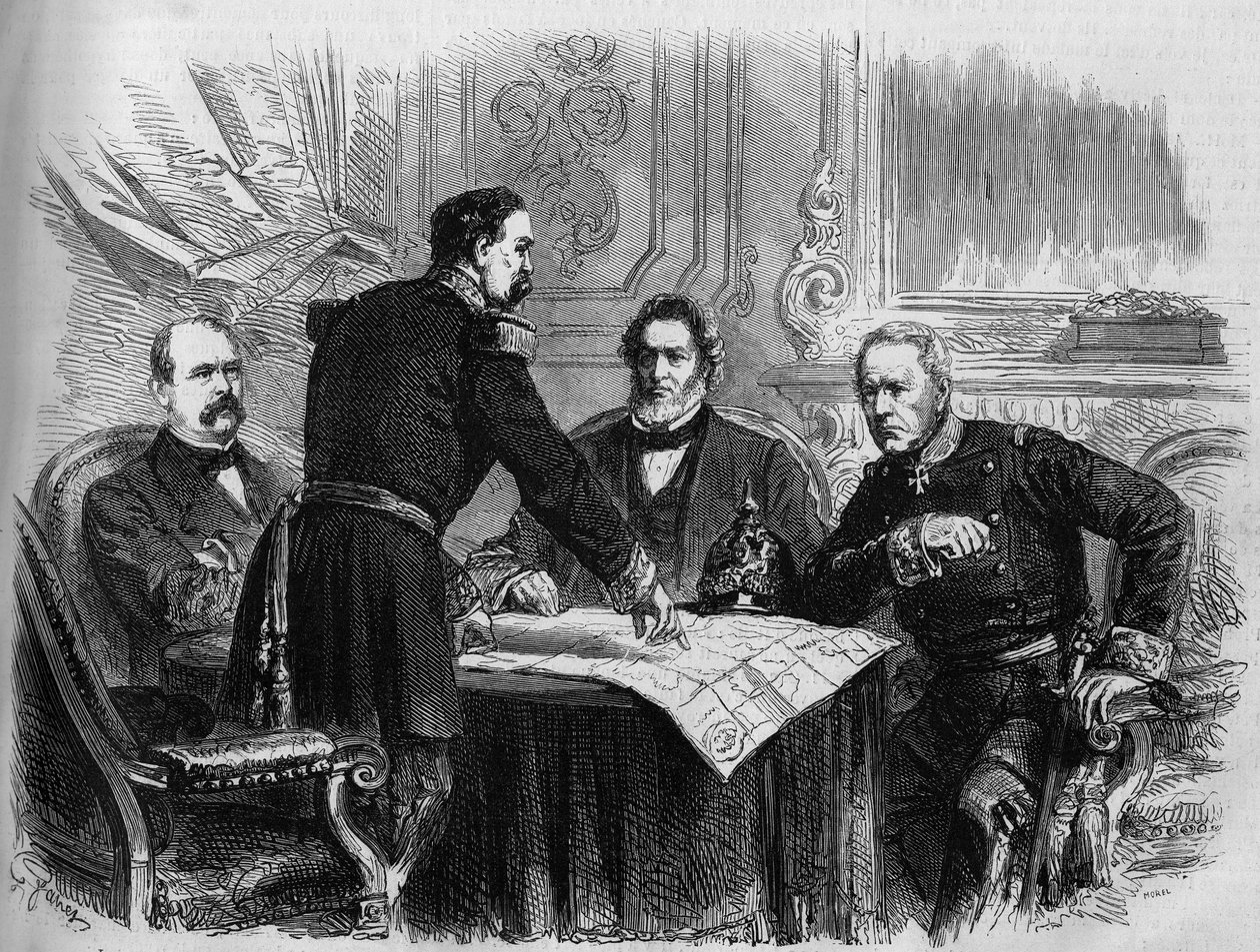 1870-es háború – Párizs ostroma: a fegyverszünet aláírása a francia és a porosz képviselők között Párizs feladása után, 1871. január 28. Balról jobbra: Otto von Bismarck (1815-1898), Horix de Valdan (1810-1883) , Jules Favre (1809-1880) an alkotó: French School