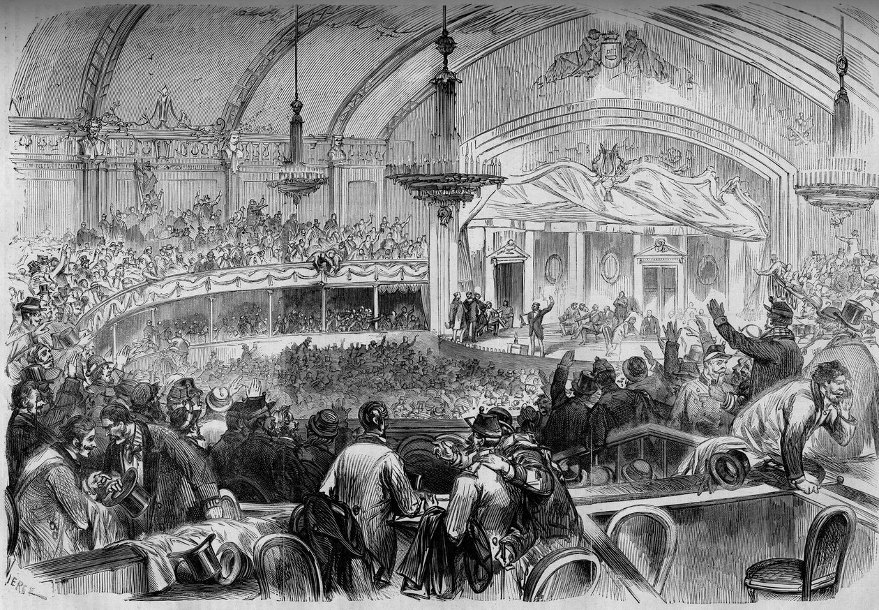 1870-es háború – törvényhozási választás a fegyverszünet alatt – 1871. február: választmányi gyűlés a párizsi Cabaret des Folies Bergeres-ben a nemzetgyűlési jelöltek kihirdetésére. Metszet a „” Le Monde Illustré”” 722-es számában, 187. február 11. alkotó: French School