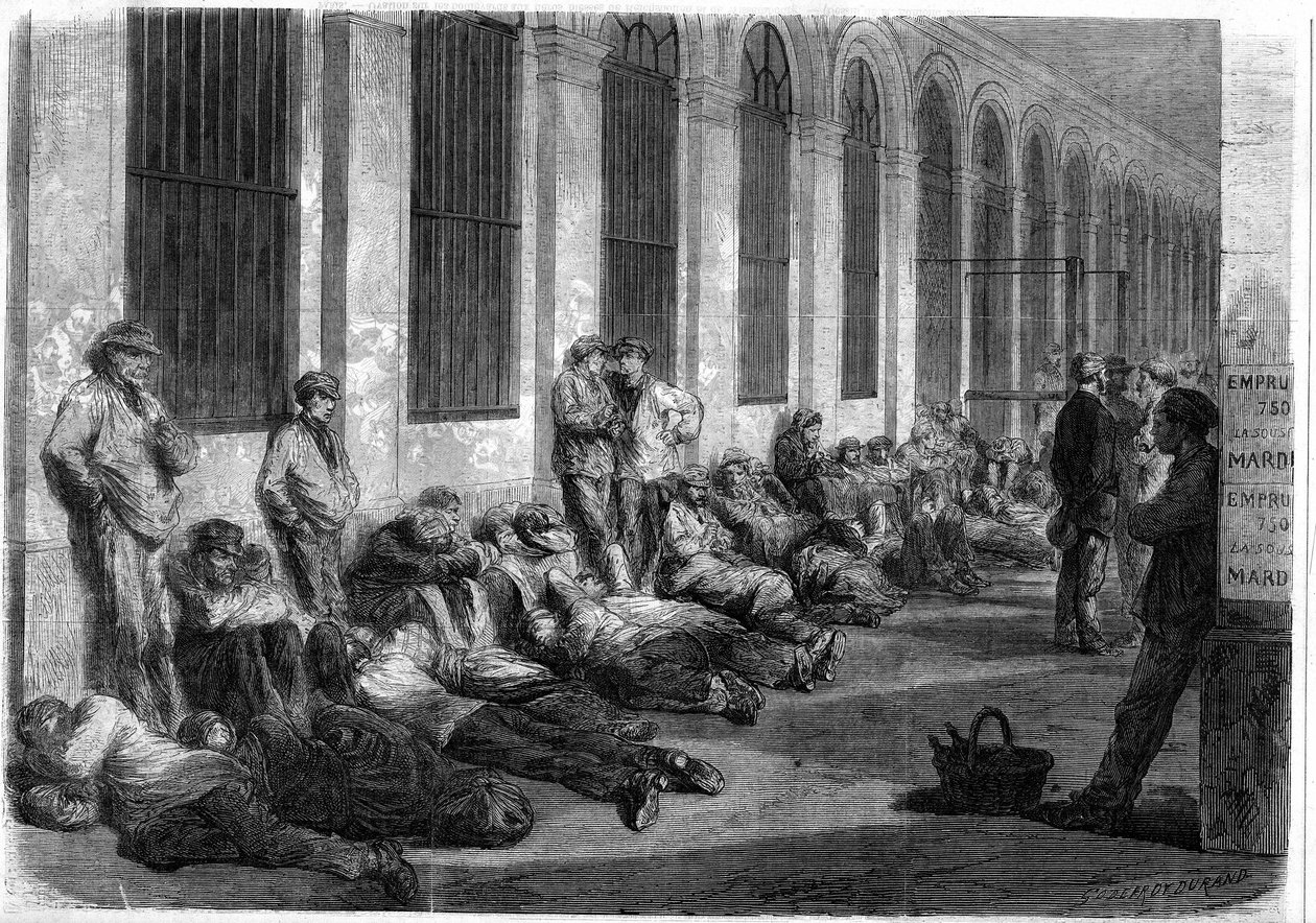 1870-es háború: A párizsiak felsorakoznak a pénzügyminisztérium előtt, hogy a háború finanszírozására nemzeti kölcsönt fizessenek. Az ablaknyitás előtti napot ábrázoló jelenet alkotó: French School