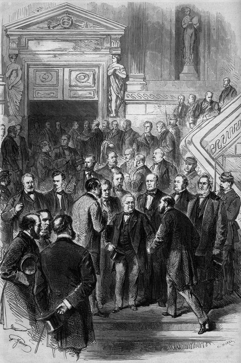 1870-es háború: Adolphe Thiers (1797-1877) a Tanács elnöke fogadta a képviselők gratulációját az 1871. február 19-én Bordeaux-ban újraegyesült Nemzetgyűlésből való szabadulása alkalmából. Nemrég kapta meg kormánya beiktatását. Metszet „” Le Mo-ban alkotó: French School