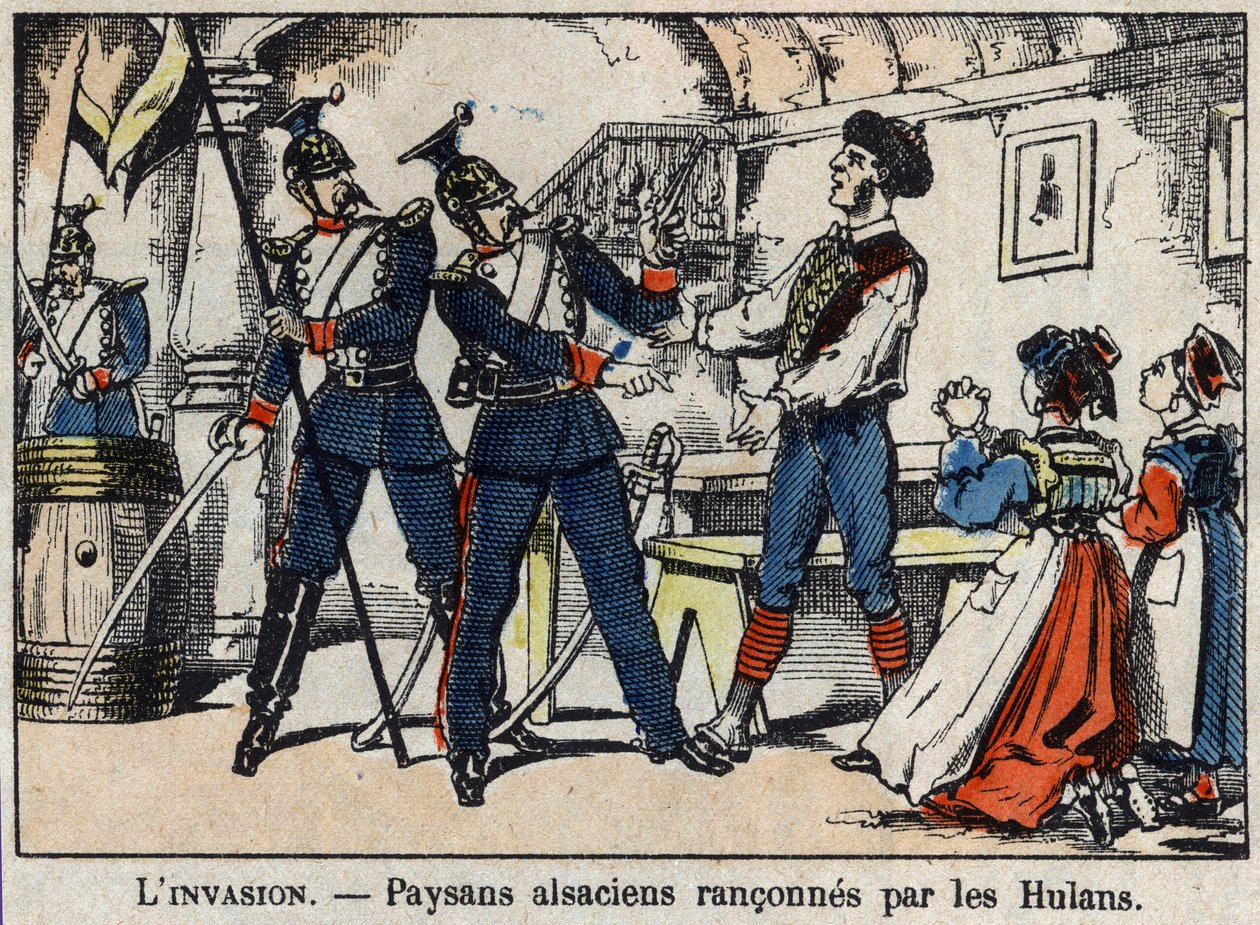 1870-es háború Franciaország és Poroszország között: az elzászi parasztok, akiket a hulánok (ulánok, houlánok) űztek el Epinalról. alkotó: French School
