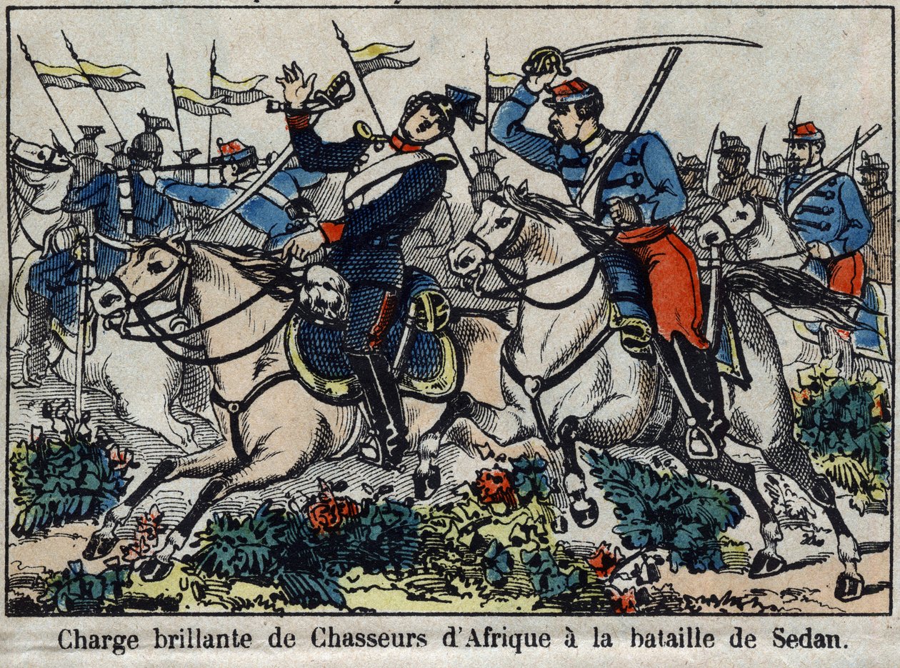 1870-es háború Franciaország és Poroszország között: afrikai vadászok vádja az 1870-es sedani csatában. Epinal képe. alkotó: French School