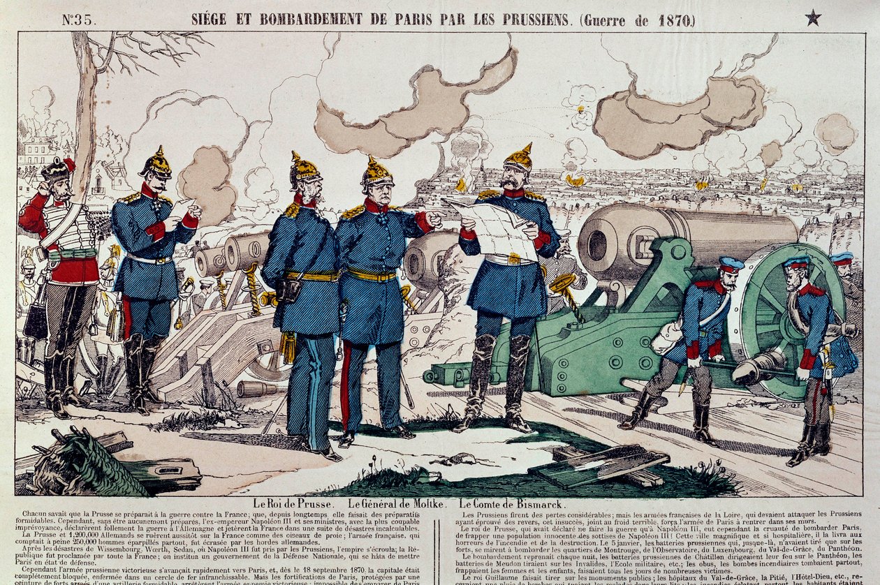 1870-es háború: Párizs városának ostroma és bombázása a poroszok által. I. Vilmos porosz király (1797-1888), Moltke tábornok (1800-1891) és Otto von Bismarck kancellár (1815-1898) tanácskozott. Metszet 1870-ből. Párizs, Musee Carnavalet alkotó: French School
