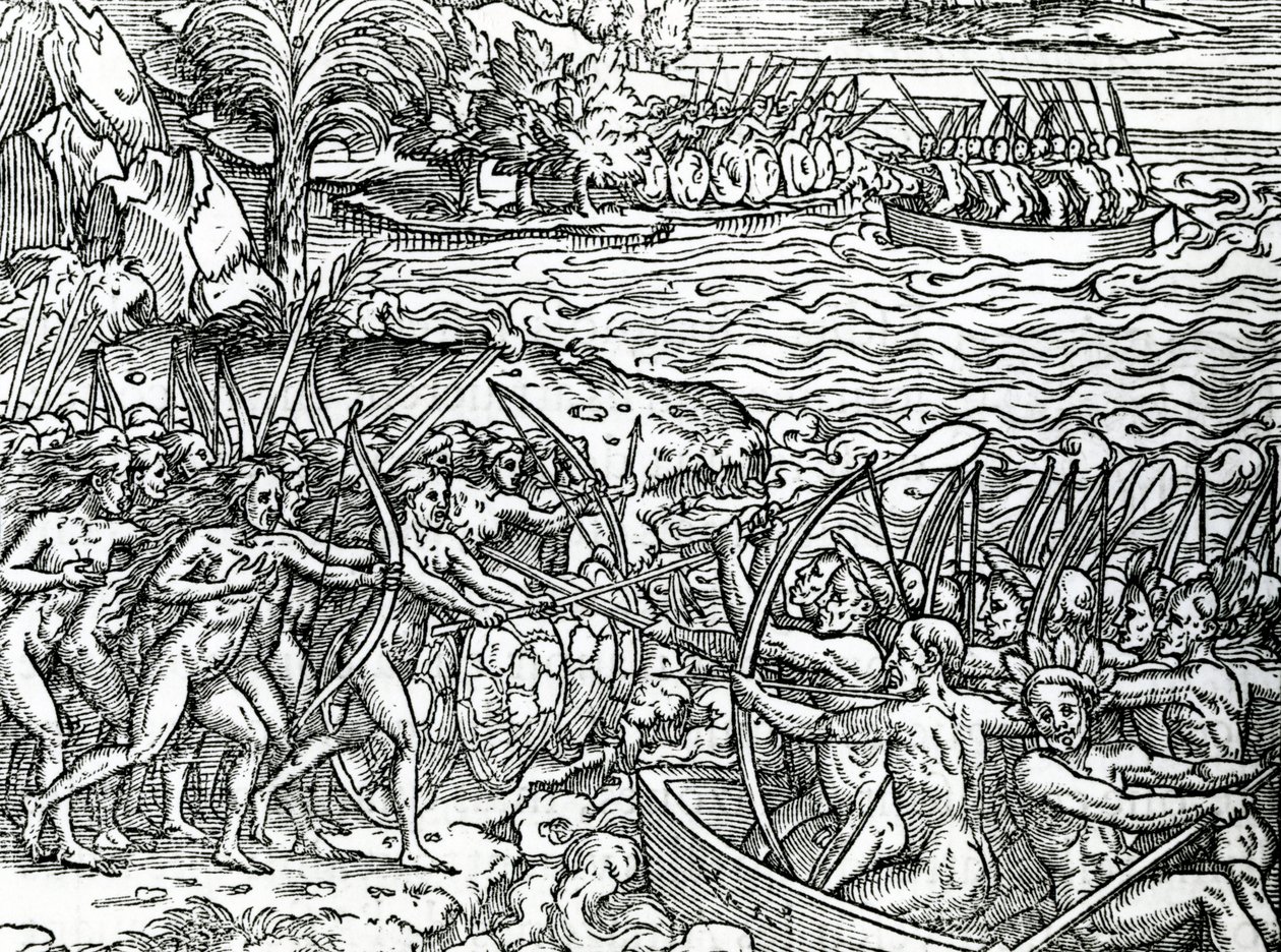 Háborús jelenet, Brazília, illusztráció a "Singularities of France Antarktique" című filmből, Andre de Thevet, 1558 alkotó: French School