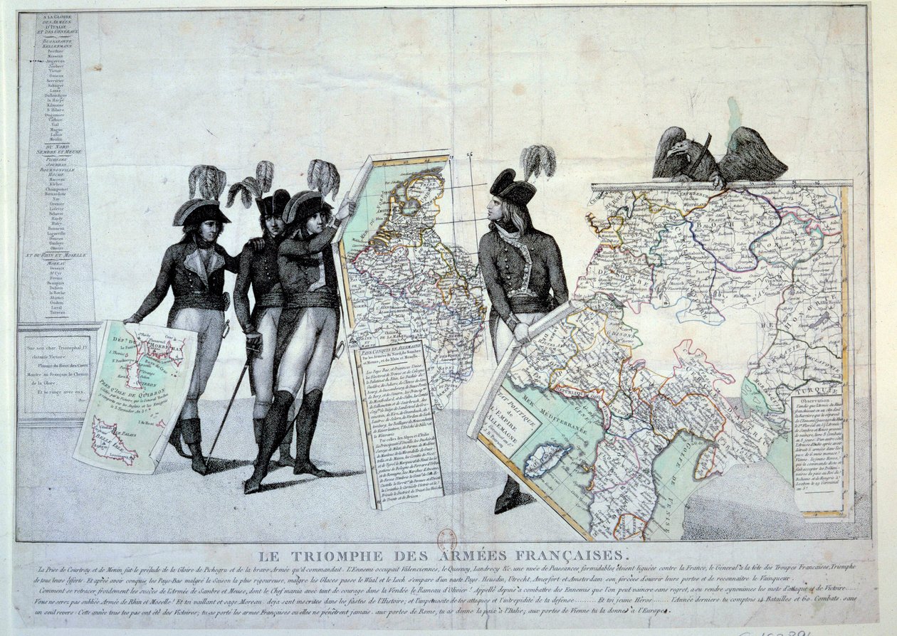 A forradalom háborúi: Napóleon Bonaparte tábornok (1769-1821) Olaszország térképével (az olasz hadjárat idején), hogy befejezze a Franciaország által meghódított területek rejtvényét. A bal oldalon valószínűleg Hoche, Pichegru és Jean Victor tábornok (Jean alkotó: French School