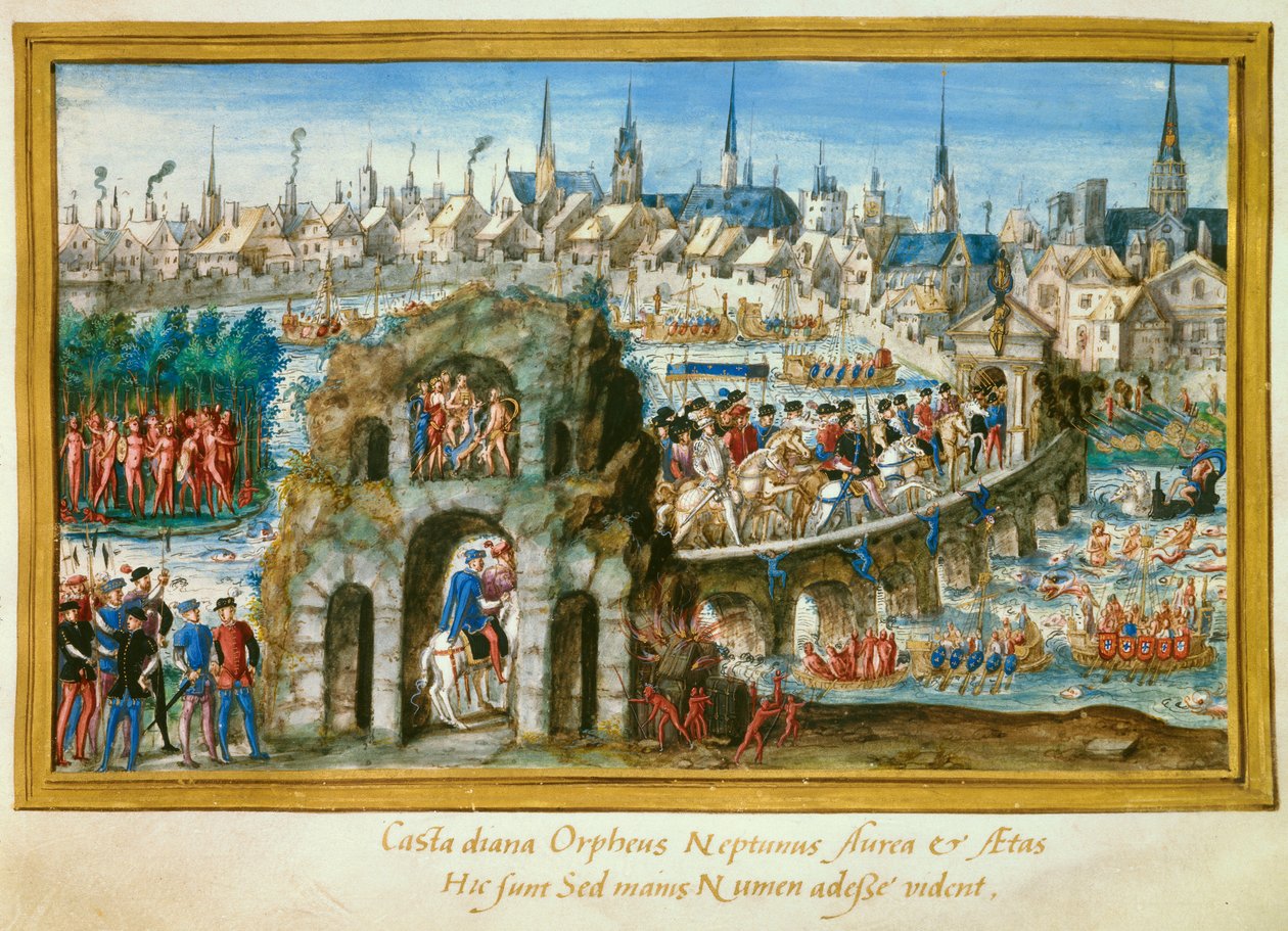 Rouen városa által szervezett vízi műsorok II. Henrik király (1519-1559) és Medici Katalin (Caterina de Medici) (1519-1589) királyi bevonulása alkalmából, 1550. október 1-jén. Egy brazíliai indián falu bal oldali rekonstrukciója. Miniatűr alkotó: French School