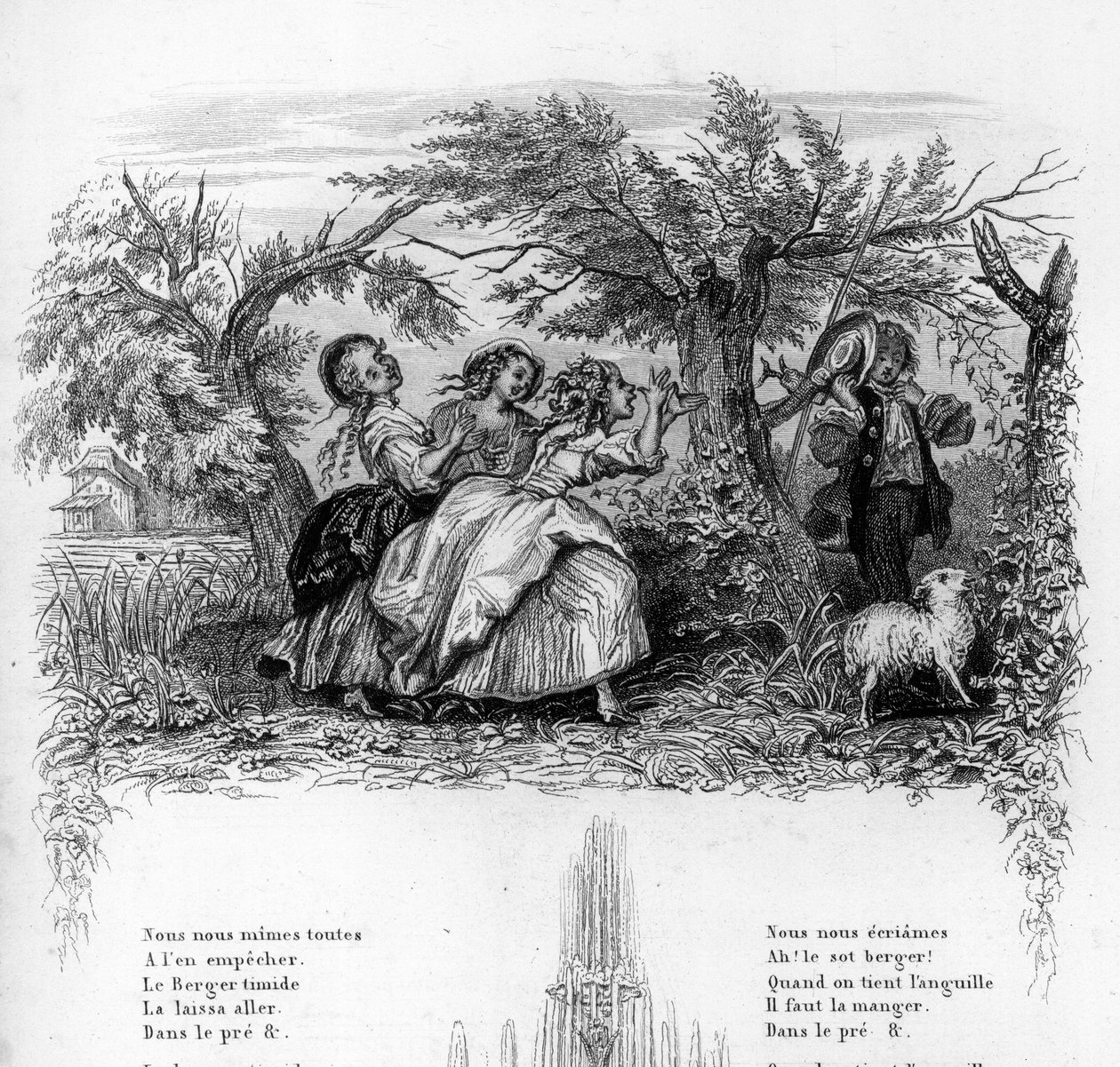 Három lány voltunk. Három lány játszik egy pásztorral, és kényelmetlenséget okoz neki. Gravírozás „” Chants et chansons populaire de la France””, 2. kötet alkotó: French School