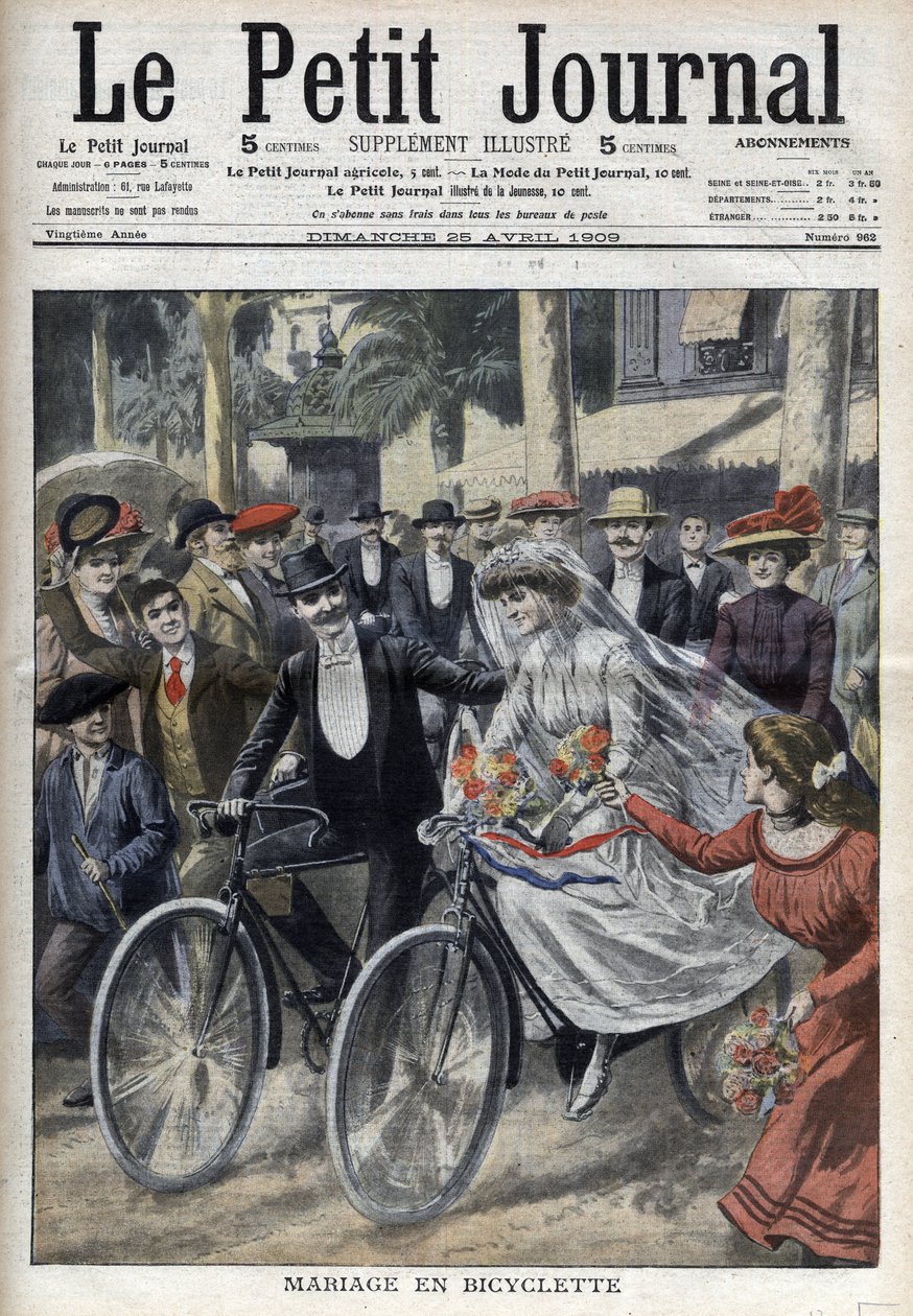 Esküvő kerékpárral a nizzai városháza udvarán, 1909. április 25-i „Le Petit Journal”-ban (metszet) alkotó: French School