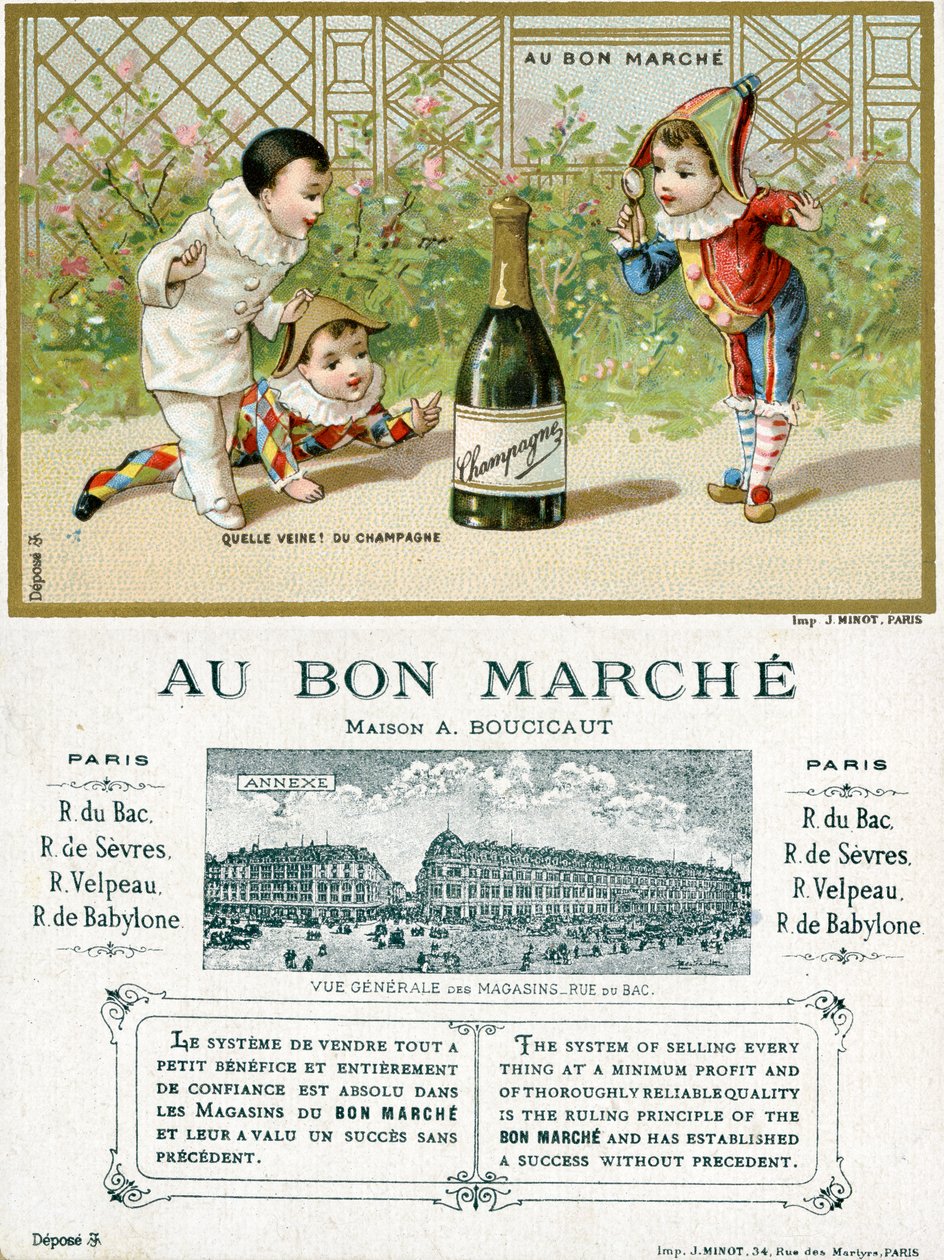 Milyen szerencse! egy üveg pezsgő; a párizsi Bon Marché Áruházak promóciós kártyájának eleje és hátlapja, 1895 körül alkotó: French School