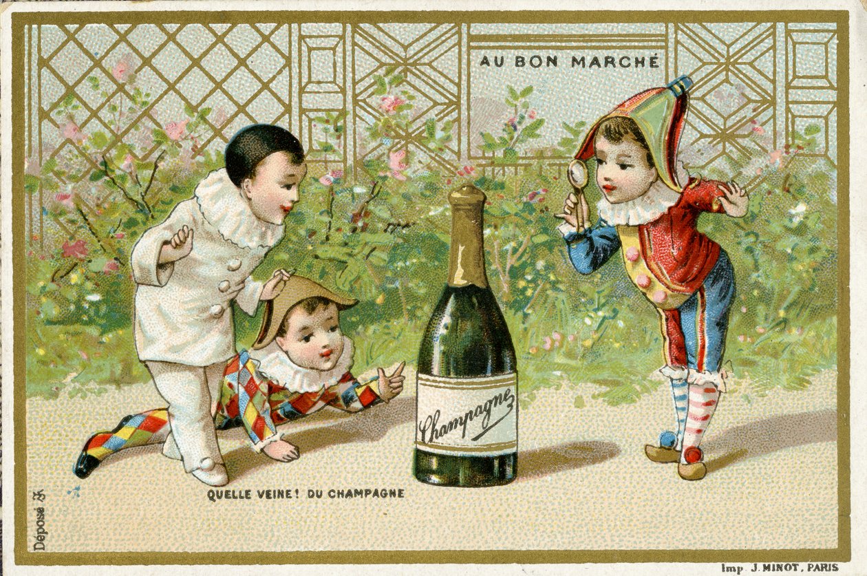 Milyen szerencse! egy üveg pezsgő, az Au Bon Marché Párizsi Áruház promóciós kártyája, 1895 körül (lásd még: 488428) alkotó: French School