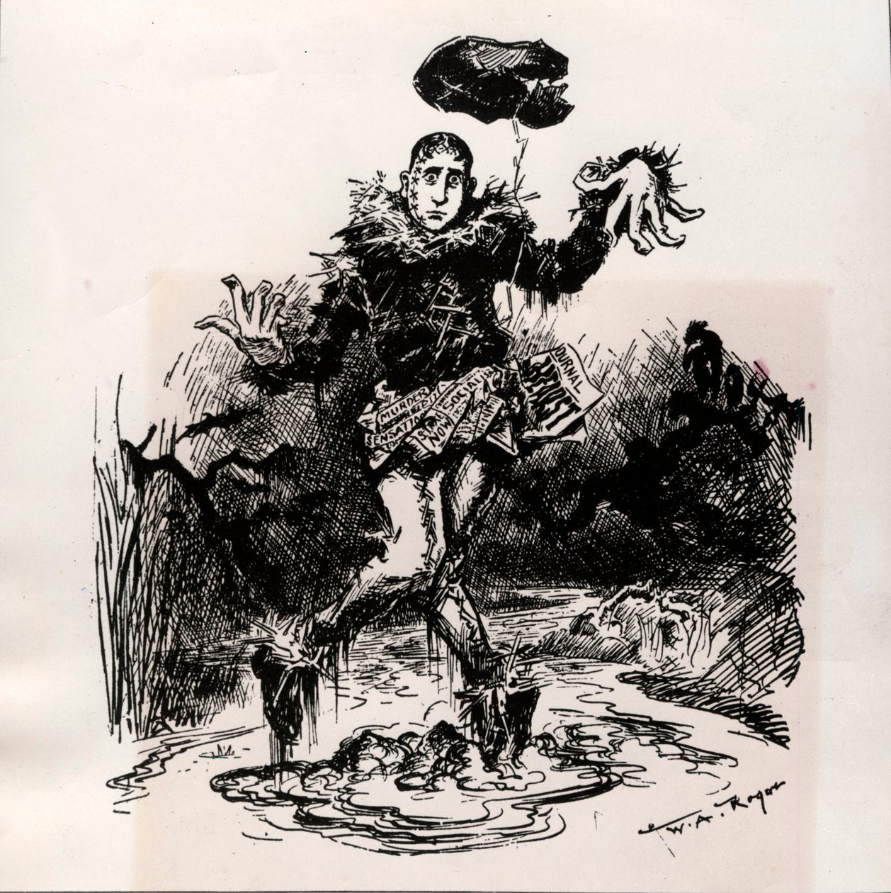 William Hearst, szenzációs sajtóújságíró, madárijesztőként ábrázolva a sárban – A Harper