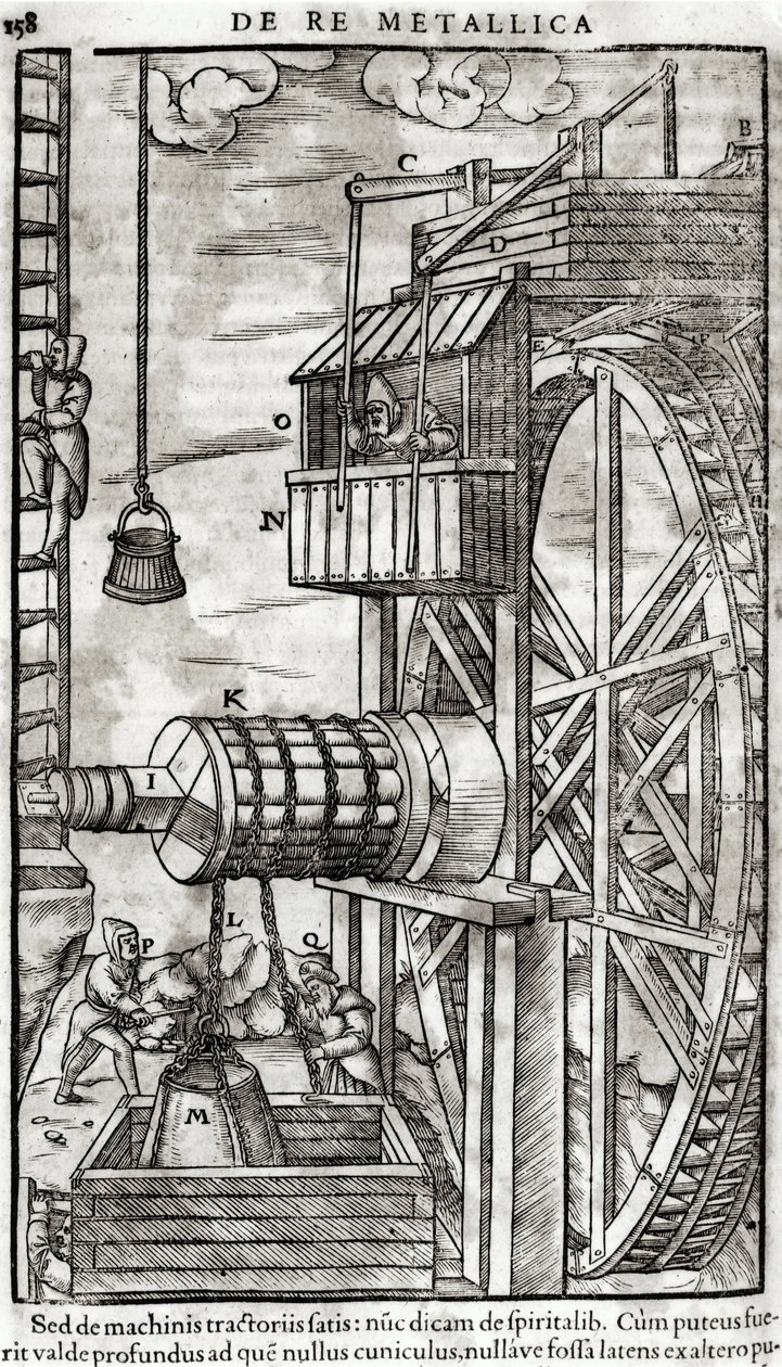 Csörlő víz kinyerésére a bányából, Georg Bauer (1494-1566) Agricola néven ismert De Re Metallica illusztrációja, 1561 alkotó: French School
