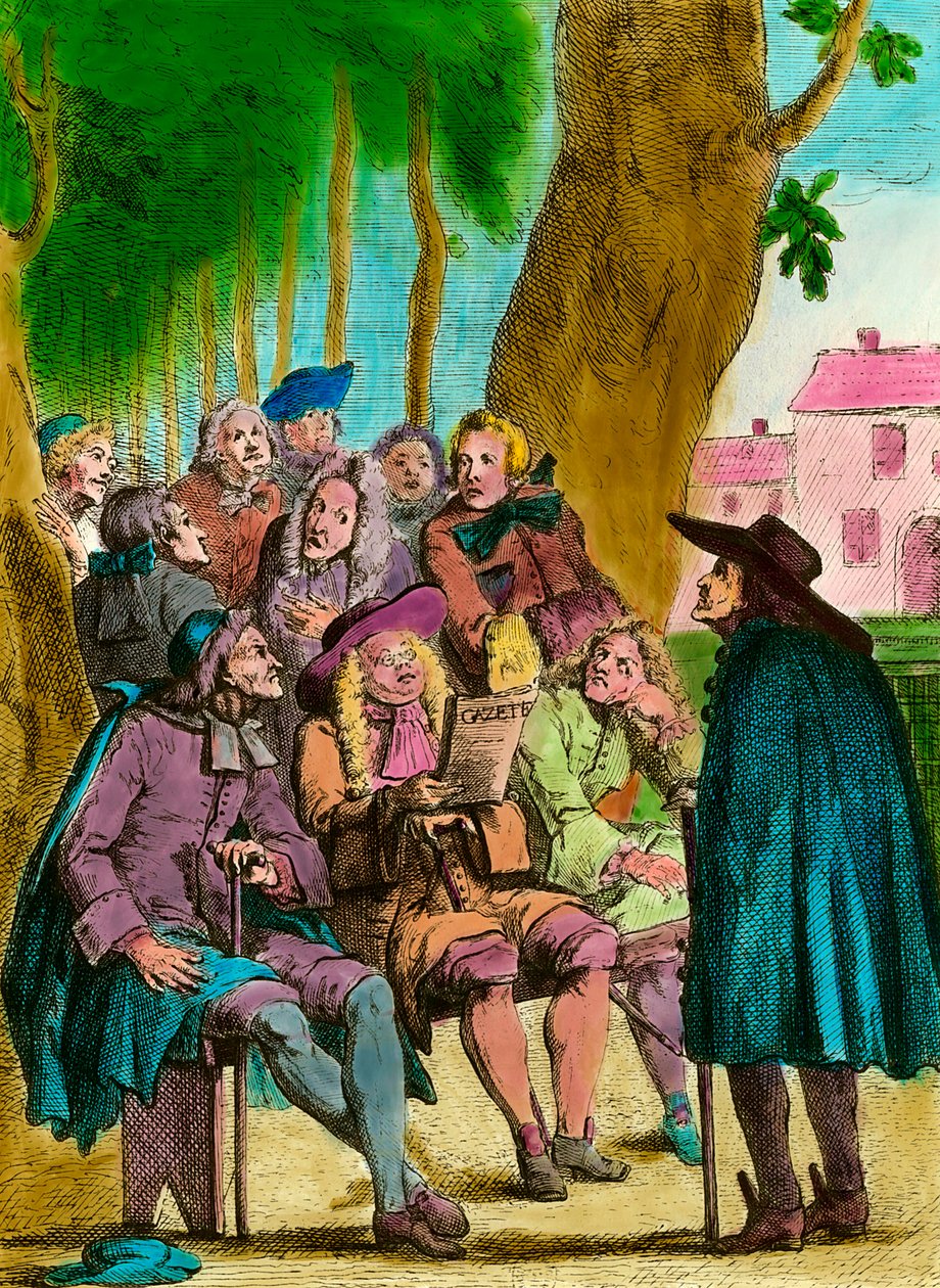 Szélpolitikusok olvassák a „Gazettet” a krakkói fa alatt a luxemburgi kertekben, az Ancien rezsim végén Párizsban. 18. századi metszet. Magángyűjtemény alkotó: French School