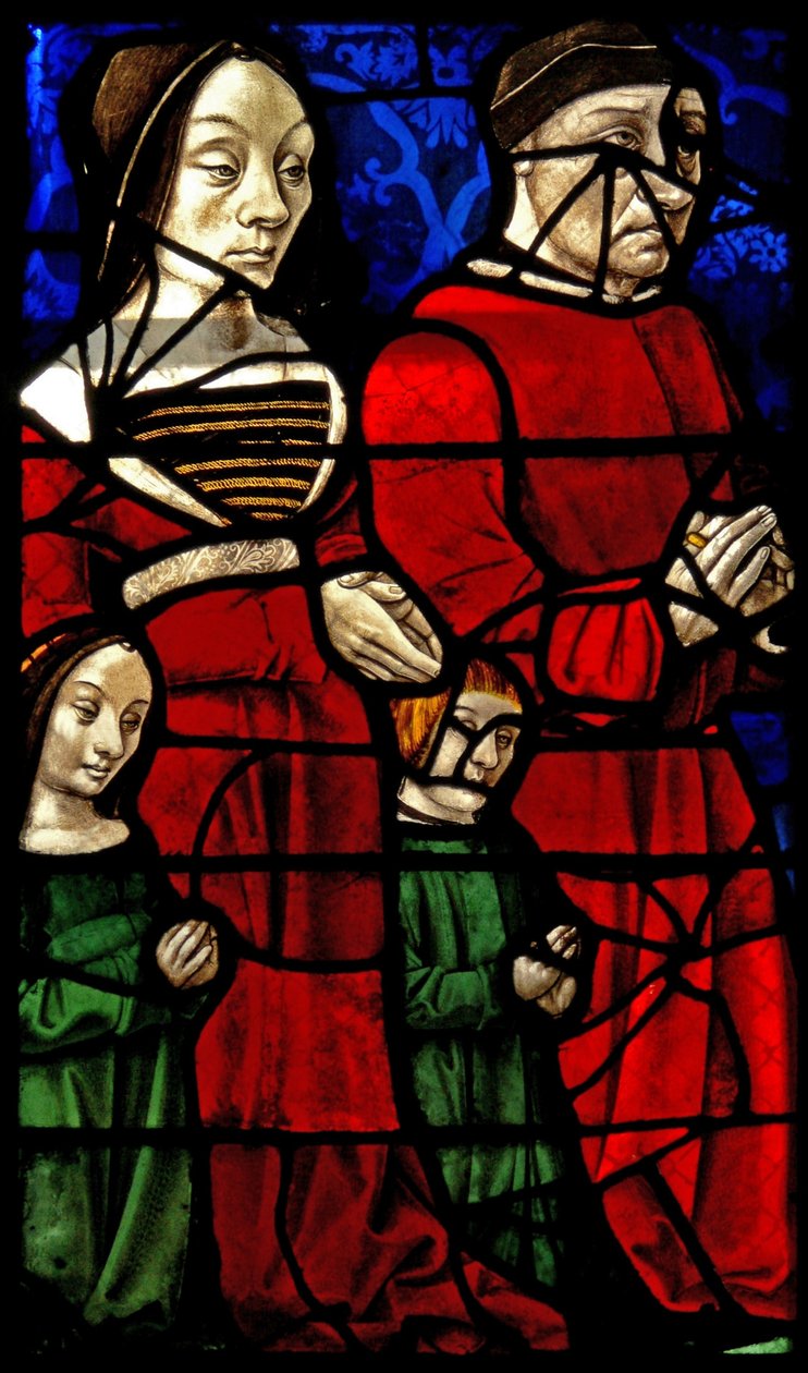 Az E1 ablak az adományozókat, Jean II de Bourbon herceget és feleségét, Katalint ábrázolja alkotó: French School