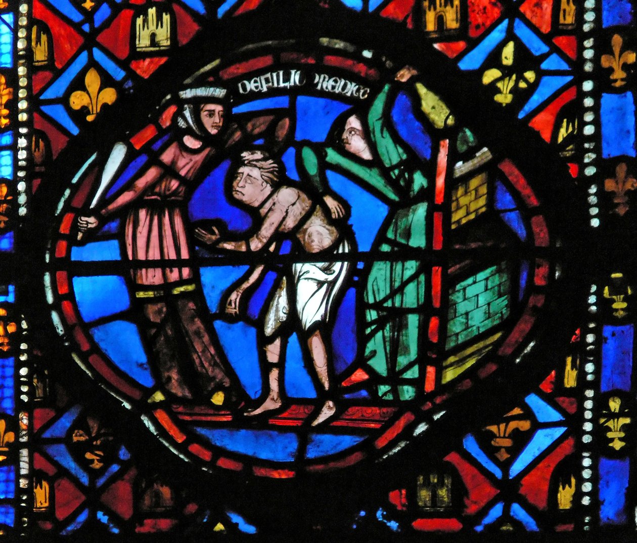 Window Ew-L, amely a tékozló fiú történetének egy jelenetét ábrázolja: a coutesánok kidobják alkotó: French School