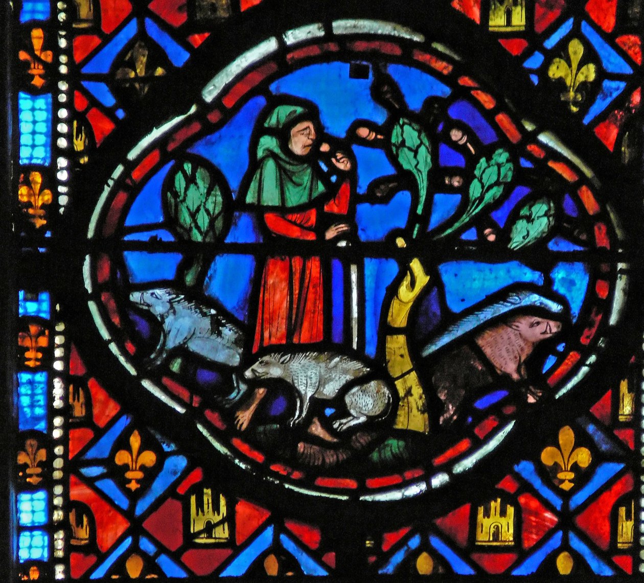 Window Ew-L egy jelenetet ábrázol a tékozló fiú történetéből: disznókra vigyáz és gondolkodik alkotó: French School