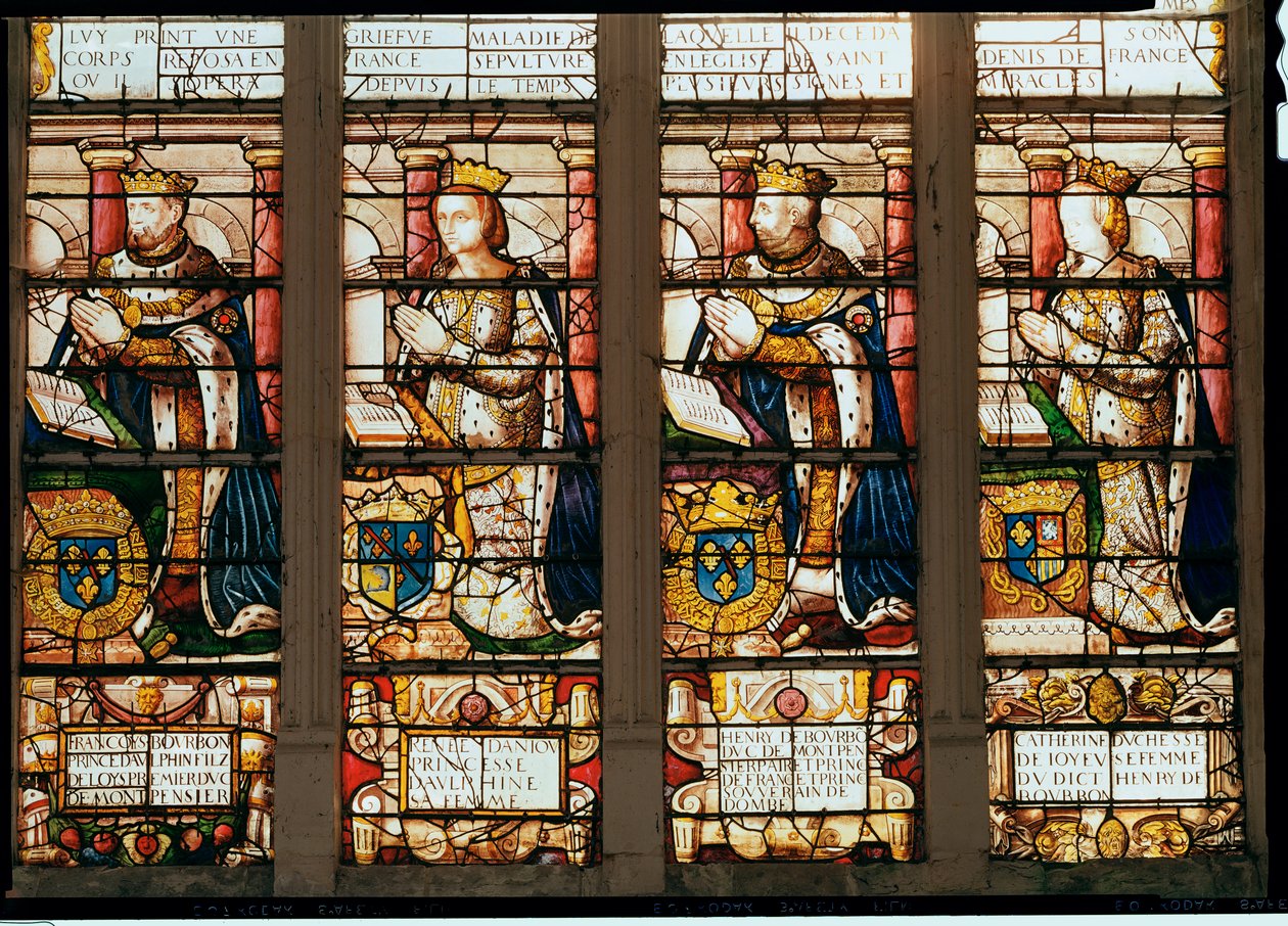 Francois de Bourbon (1539-92) Dauphin herceget, Rene dAnjou (1550-74) Montpensier hercegnőt, Henri de Bourbon (1573-1608) Montpensier herceget és Catherine de Joyeuse, Guis hercegnőt ábrázoló ablak alkotó: French School