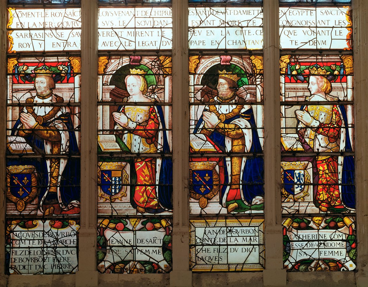Ablak Jacques de Bourbon (1315-61) Comte de la Marche, Jeanne de Chatillon-Saint-Pol (megh. 1371), Jean I de Bourbon (1361-94) és Catherine, Comtesse de Vendome alkotó: French School
