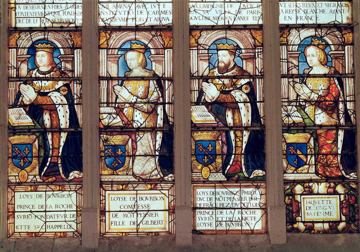 Louis de Bourbon (1465-1520) La Roche-sur-Yon hercegét, Louise de Bourbont († 1561) Montpensier Comtesse, II. Louis de Bourbon (1513-82) Montpensier herceget és Jacquette de Longwy-t ábrázoló ablak. alkotó: French School