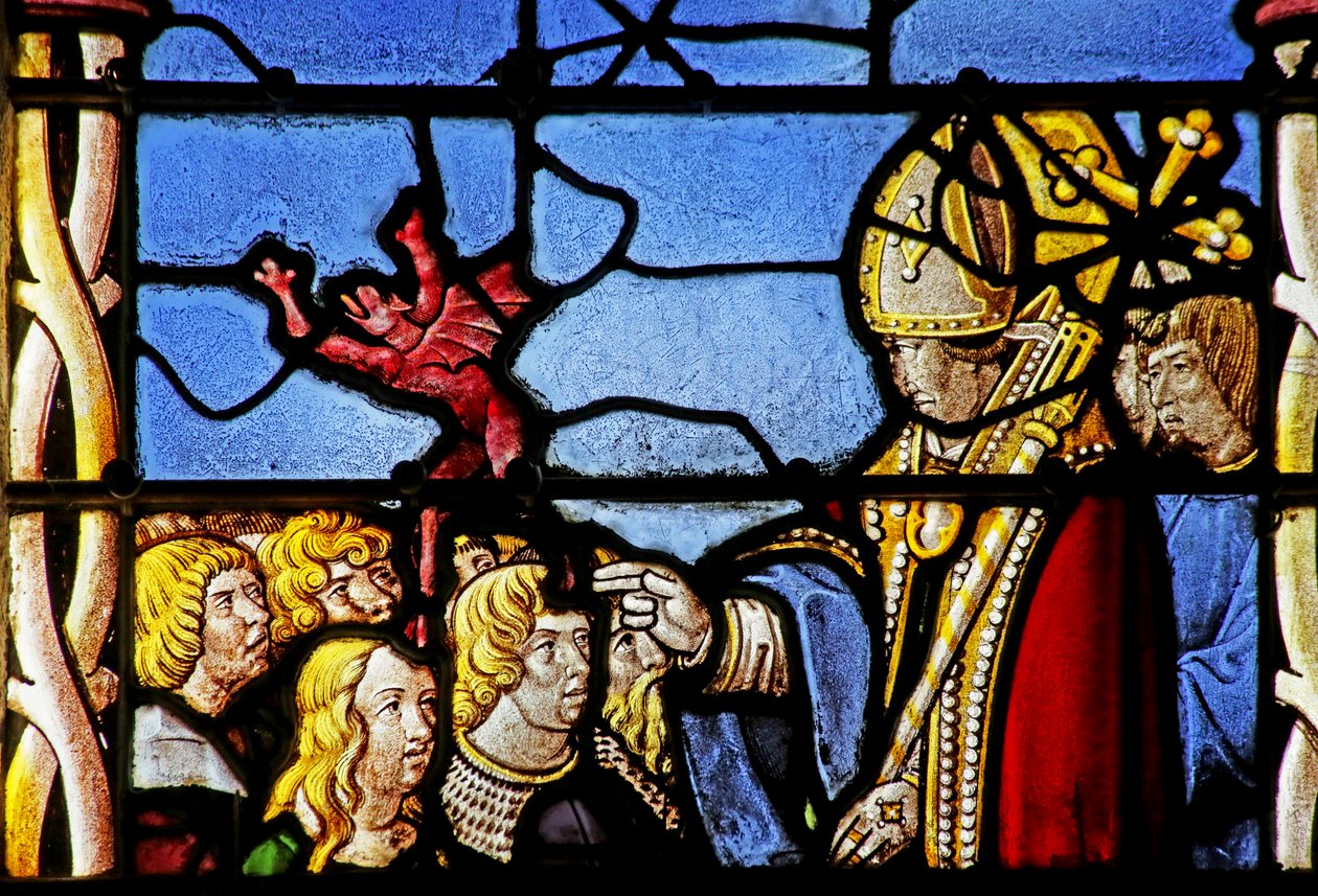 Szent Clert ábrázoló ablak: kiűzi a Hasterie-ből származó démont alkotó: French School