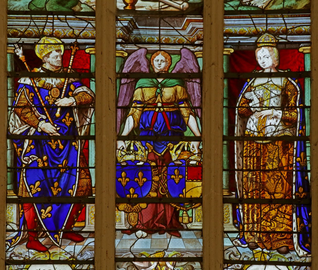 Szent Lajost és Marguerite de Provence-ot ábrázoló ablak (ólomüveg) alkotó: French School