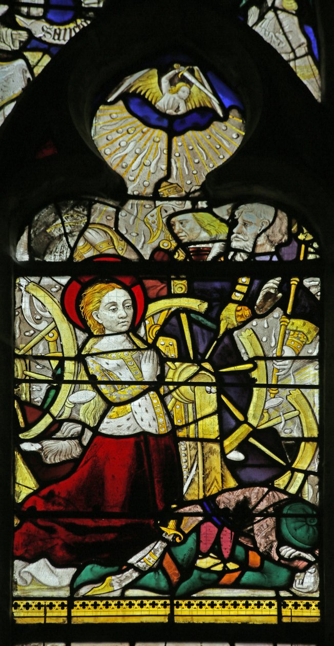 Ablak, amely Szent Katalint imádkozva és angyalokat ábrázol, akik kődobálással törik meg a kereket, 1460-70 alkotó: French School