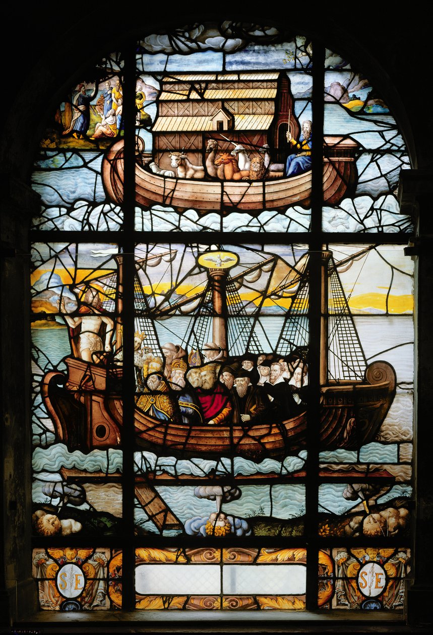 Egy hajót ábrázoló ablak szentekkel és Noé bárkájával, 1612-22 alkotó: French School