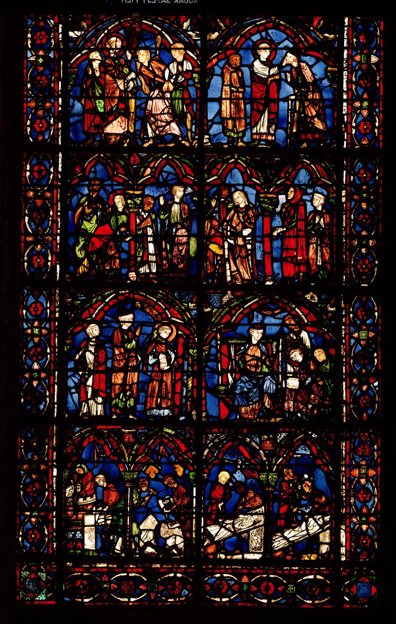 St. Cheron életének jeleneteit ábrázoló ablak alkotó: French School