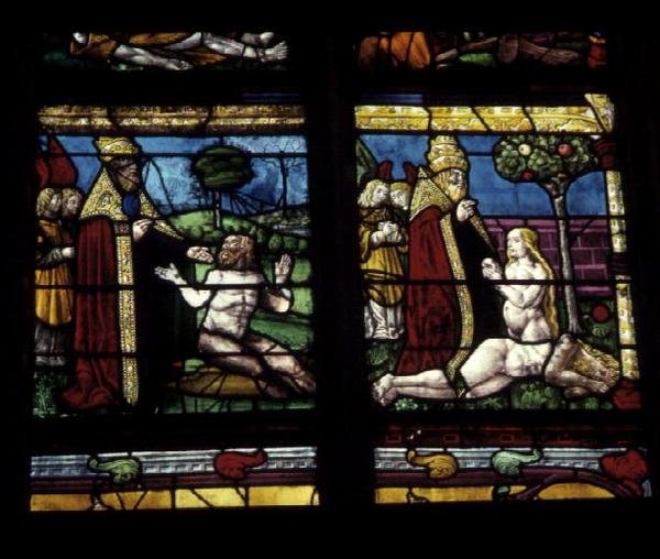 Ádám és Éva teremtését ábrázoló ablak alkotó: French School