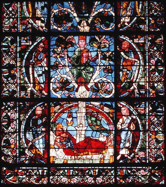 Jesse fáját ábrázoló ablak, alsó felének részlete (ólomüveg) alkotó: French School