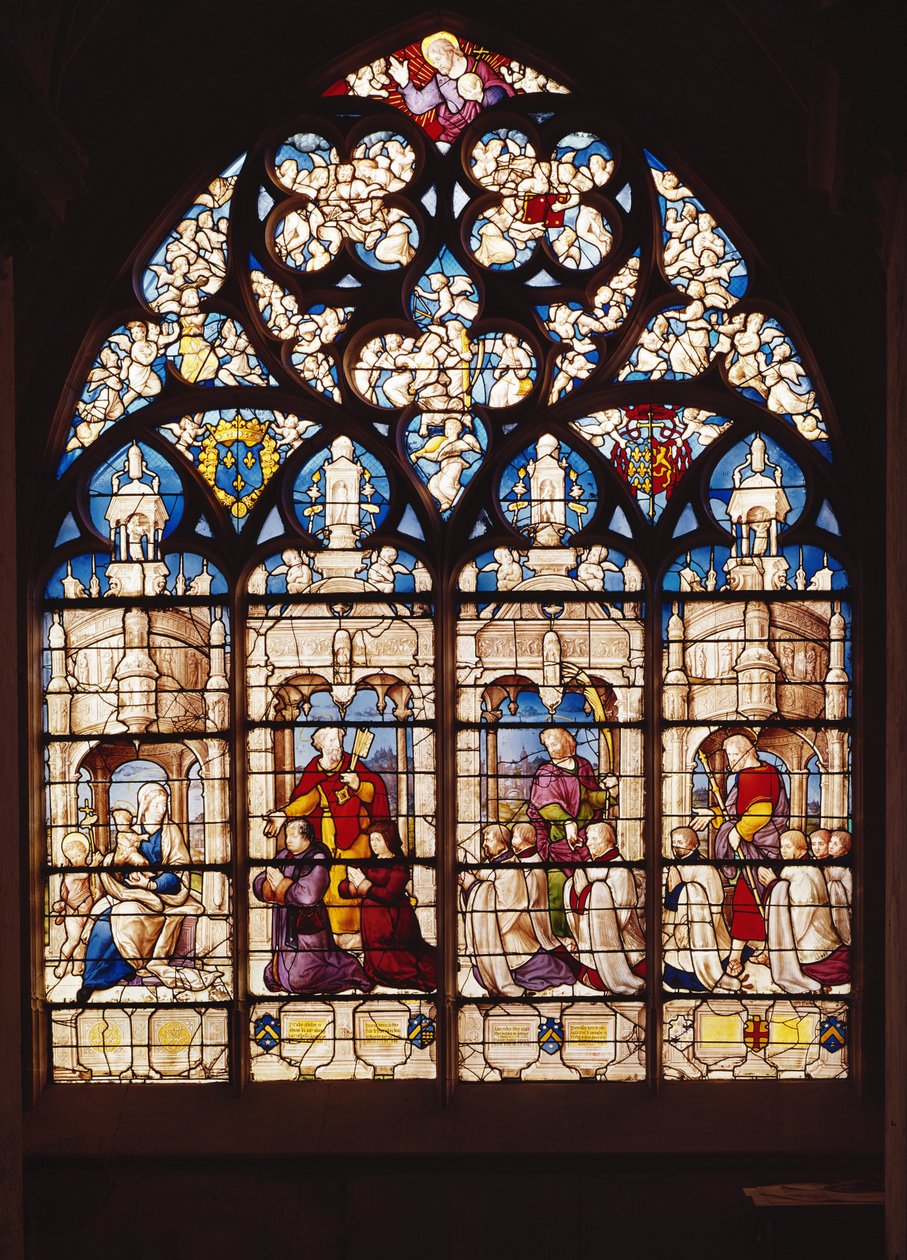 Ablak a Szűzet és a Gyermeket Keresztelő Szent Jánossal, Szent Pétert Pierre Tulliert és feleségét, Szent Jánost Jehant, Francois-t és Pierre Tulliert, valamint Szent Jakabot négyet bemutató alkotó: French School