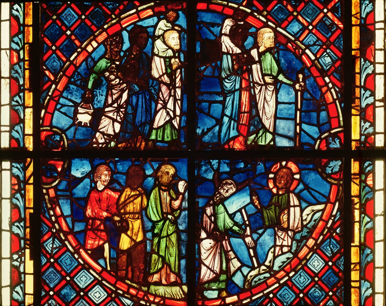 Ablak a Szűz-kápolnából, amely az izraelitákat a sivatagban és Mózest a Sínai-hegyen ábrázolja, 1240-50 körül alkotó: French School