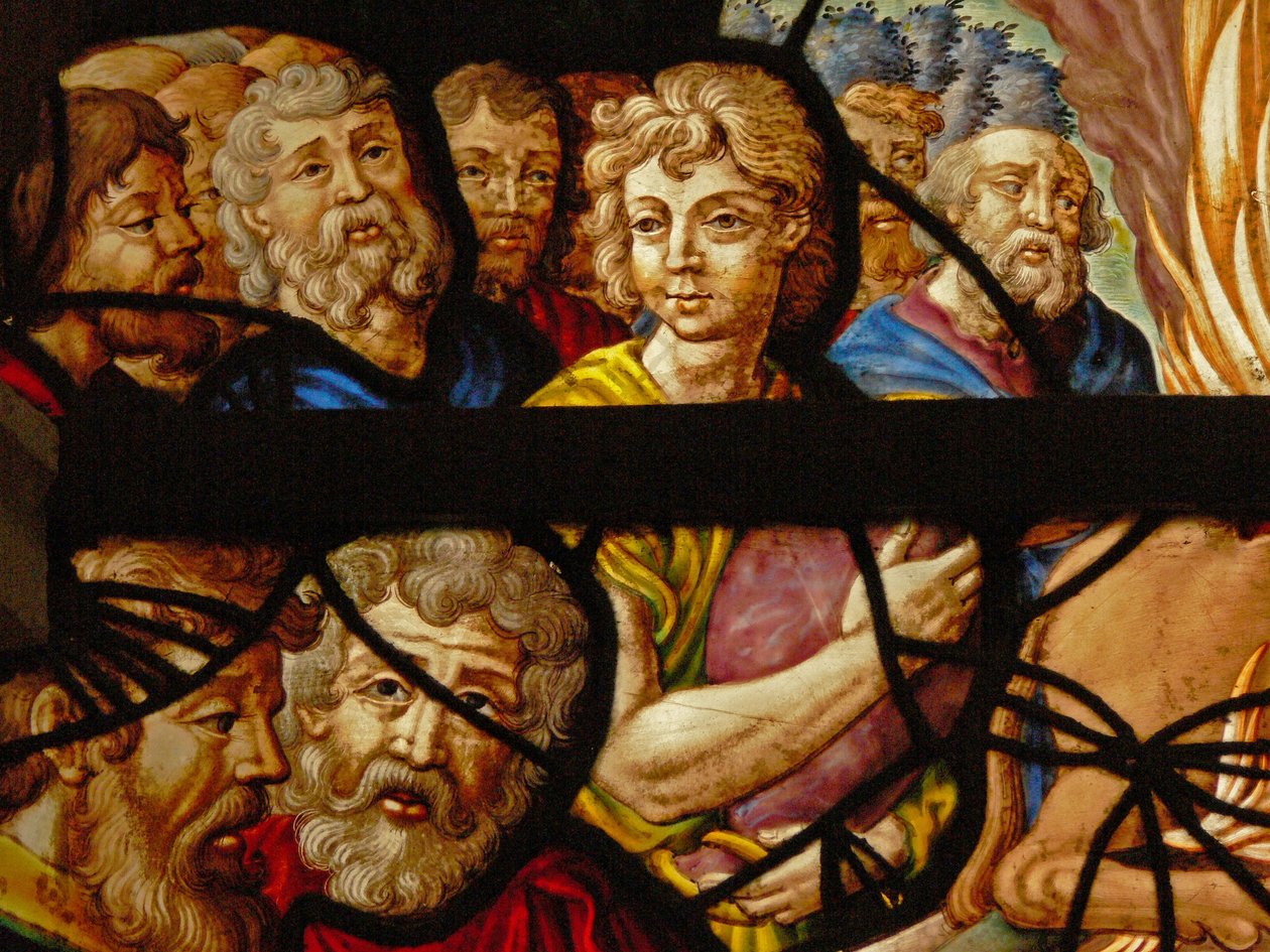 Ablak a Charnierben (8. sz.), amely Illés áldozatának részletét ábrázolja; Baal papjai alkotó: French School