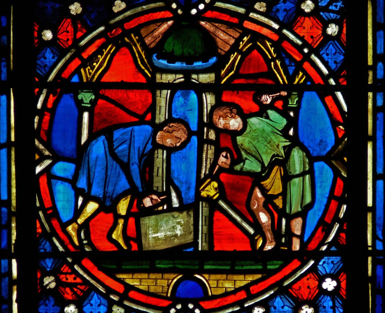 Az n2-C ablak, amely az Issoire-i templomot építő St Austremoine-t ábrázolja alkotó: French School