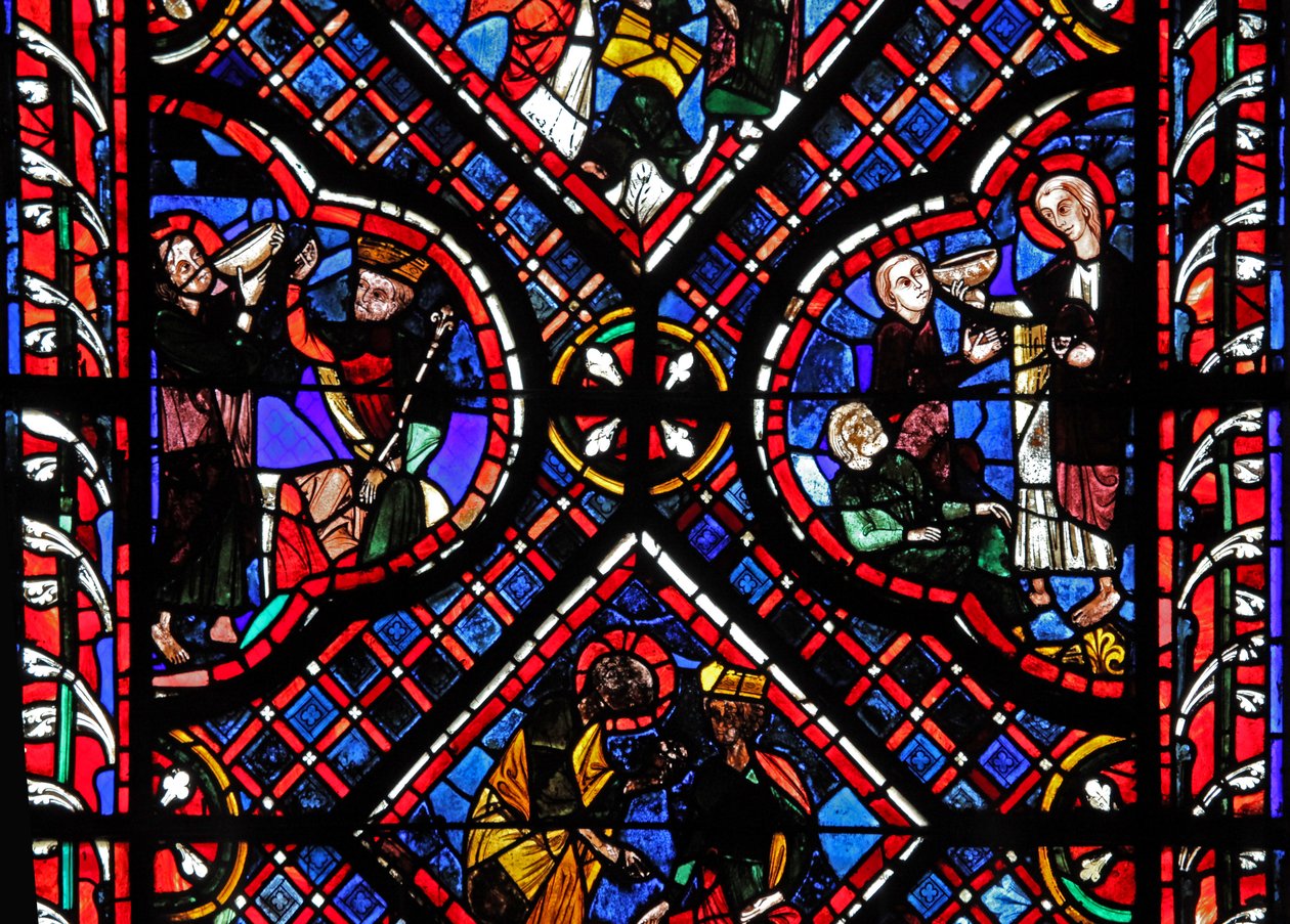 Ablak w03 jeleneteket ábrázol Szent János legendájából: a szent és a mérgezett pohár alkotó: French School