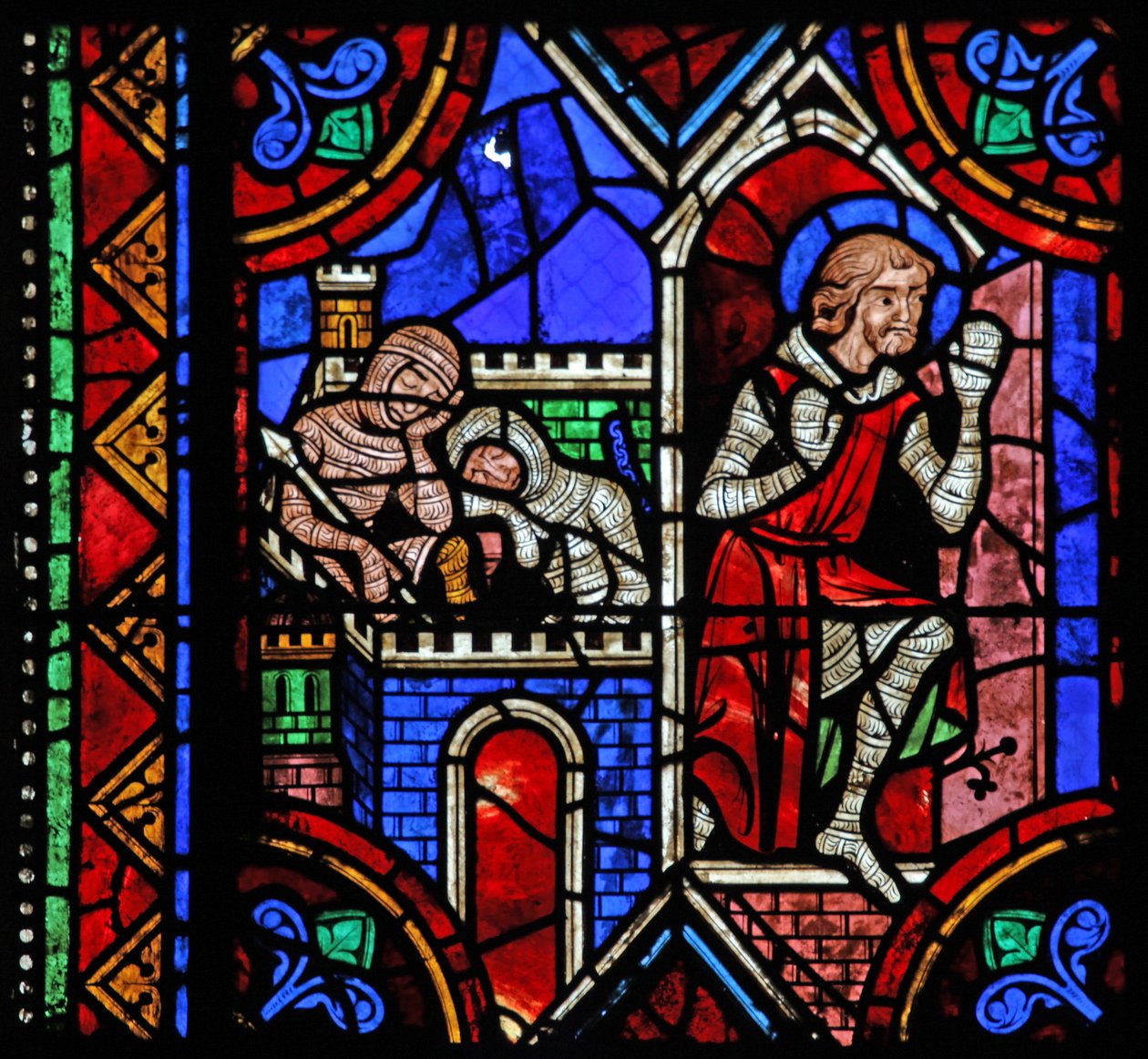 W06-os ablak, amely Brioude-i Szent Julián történetet ábrázolja – Szent Ferreol, Julien barátja, aki meghalt a Diocletianus-üldözések idején, megszökik alkotó: French School